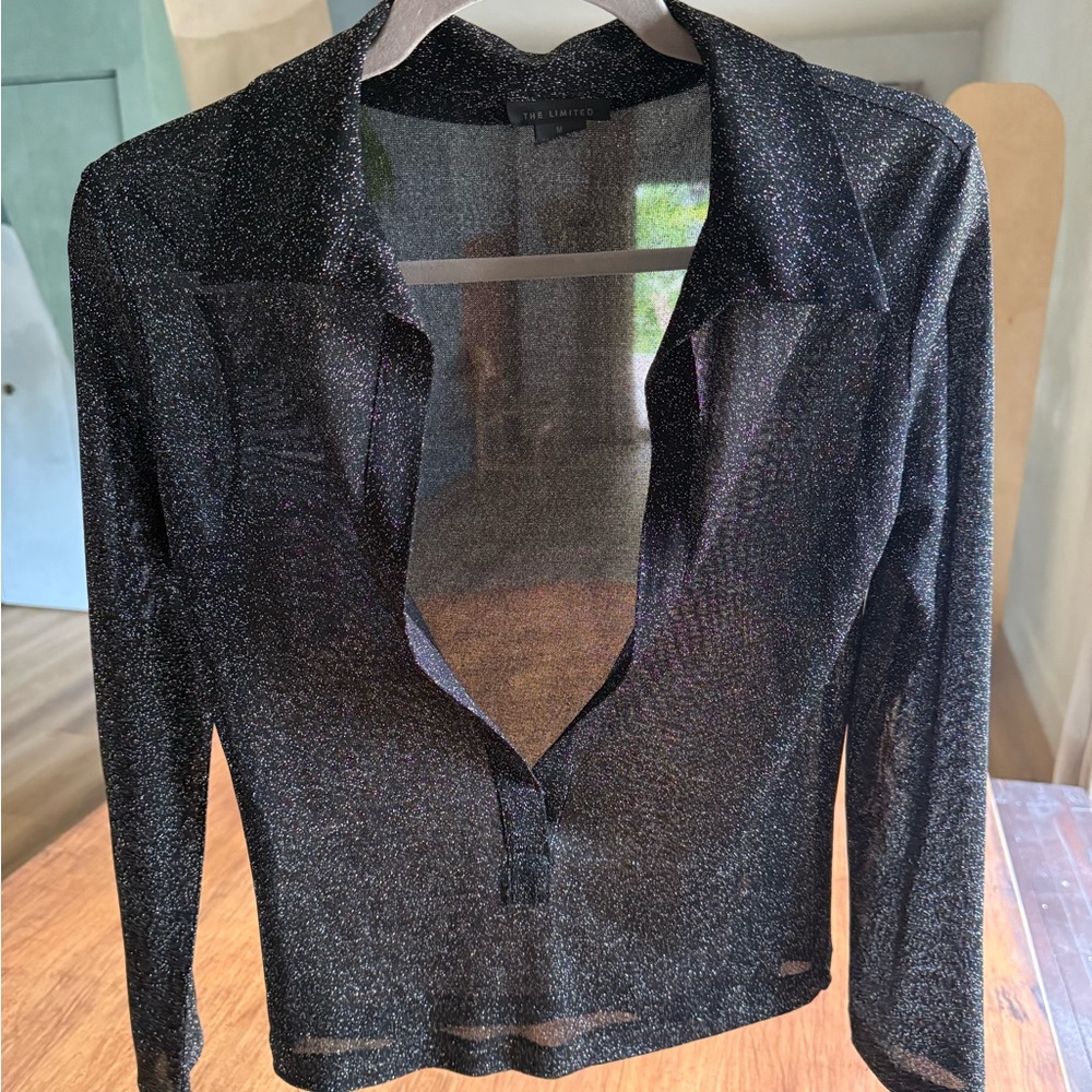 Elegant Y2K Sheer Plunge Neck Collared Long Sleeve Women's Top - Picture 2 of 3